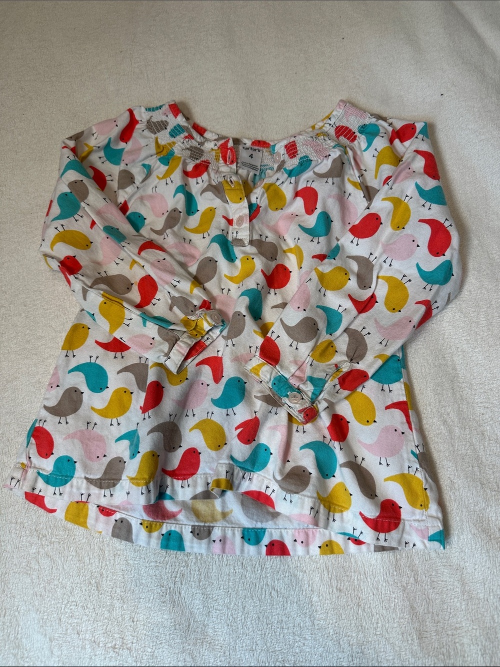 Girls Colorful Bird Print Long Sleeve Top, size 4T